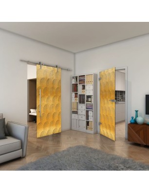 Ganzglastür - Fineprint Model 029 Gold auf Grauglas