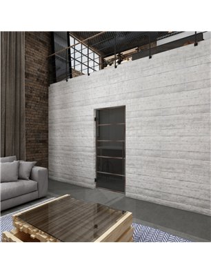 Pendeltür Loft Rosteisen Genietet 01 Auf Grauglas