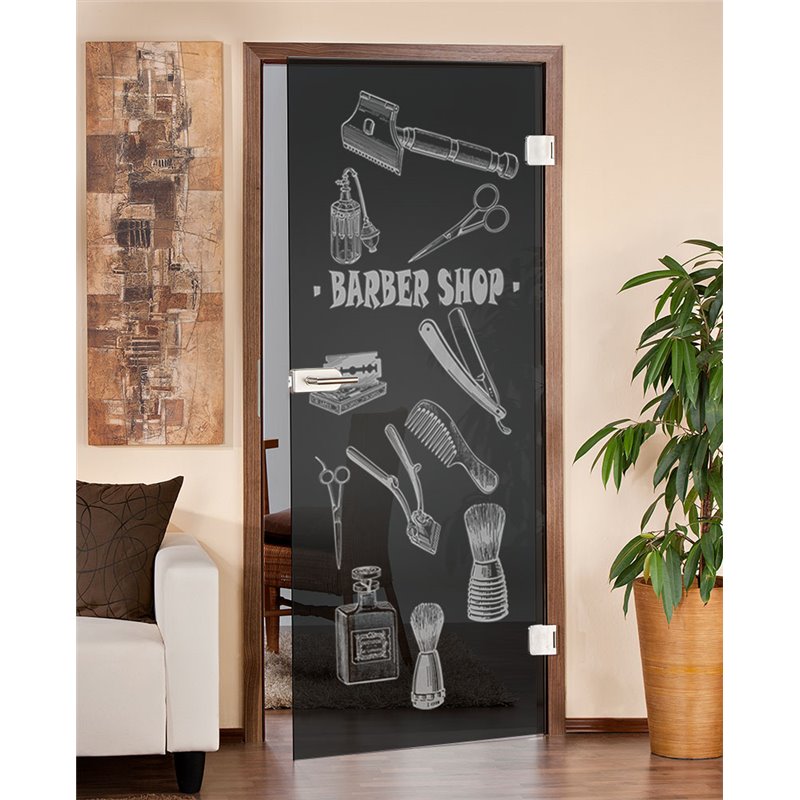 Ganzglastür Barber Shop Gelasert Auf Grauglas Ganzglastür Barber Shop Gelasert Auf Grauglas