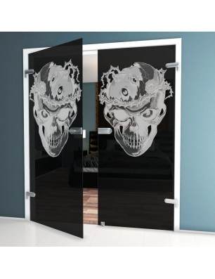 Ganzglastür Skull 4 Gelasert Auf Grauglas