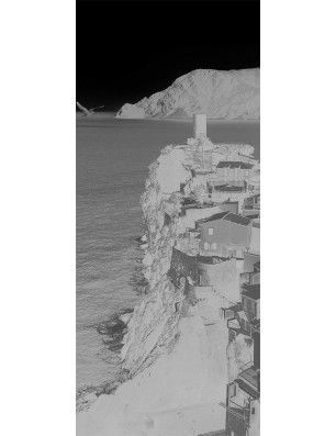 Pendeltür Mediteranes Dorf Gelasert Auf Klarglas