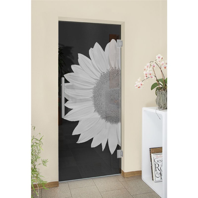 Pendeltür Sonnenblume Gelasert Auf Grauglas Pendeltür Sonnenblume Gelasert Auf Grauglas