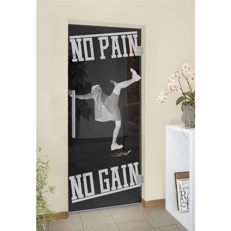 Pendeltür No pain No Gain Gelasert Auf Grauglas Pendeltür No pain No Gain Gelasert Auf Grauglas