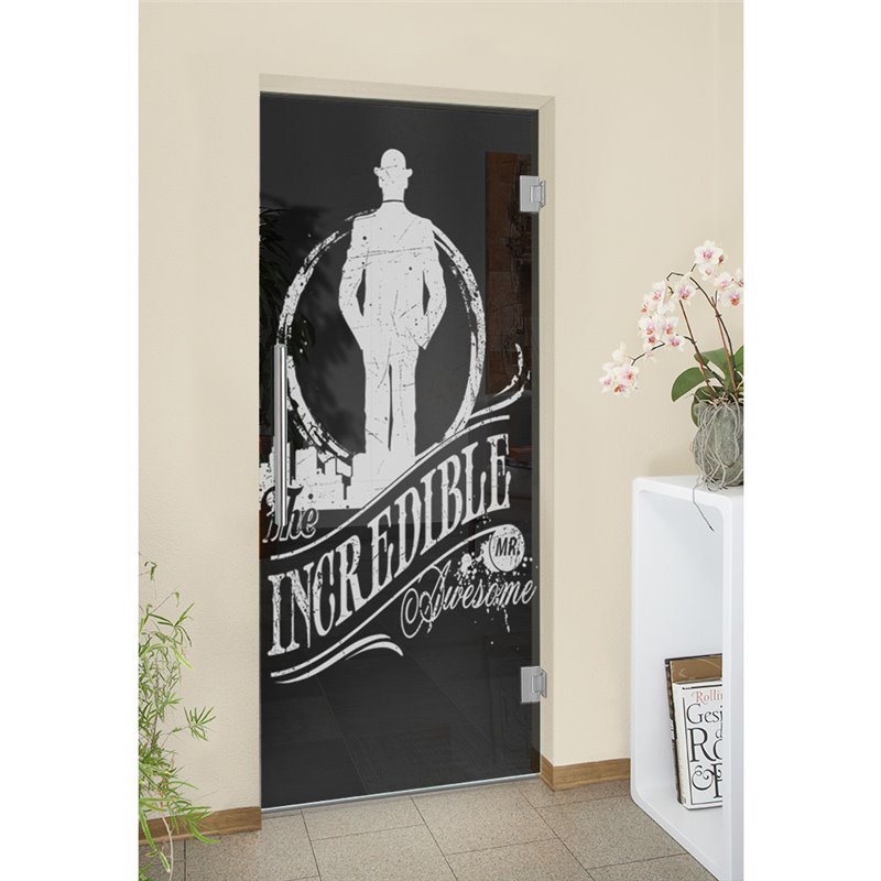 Pendeltür Mr. Incredible Gelasert Auf Grauglas Pendeltür Mr. Incredible Gelasert Auf Grauglas