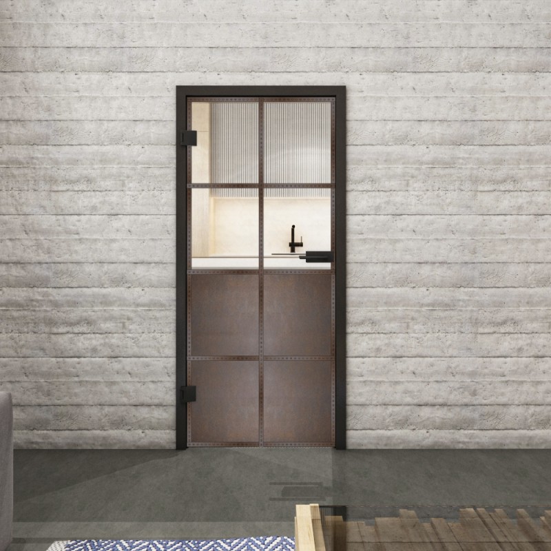 Ganzglastür Loft Rosteisen Genietet 18 mit industrieller Motivoptik