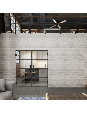 Pendeltür Loft Schwarzeisen Genietet 02 Auf Klarglas