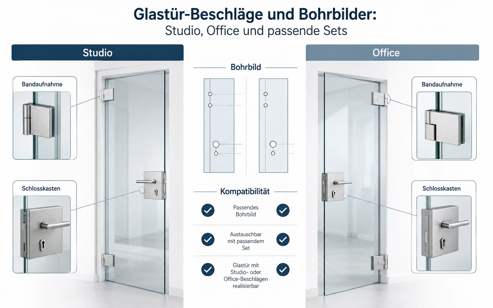 Vergleich von Studio- und Office-Beschlägen mit Schlossbereich und Bandaufnahme einer Glastür