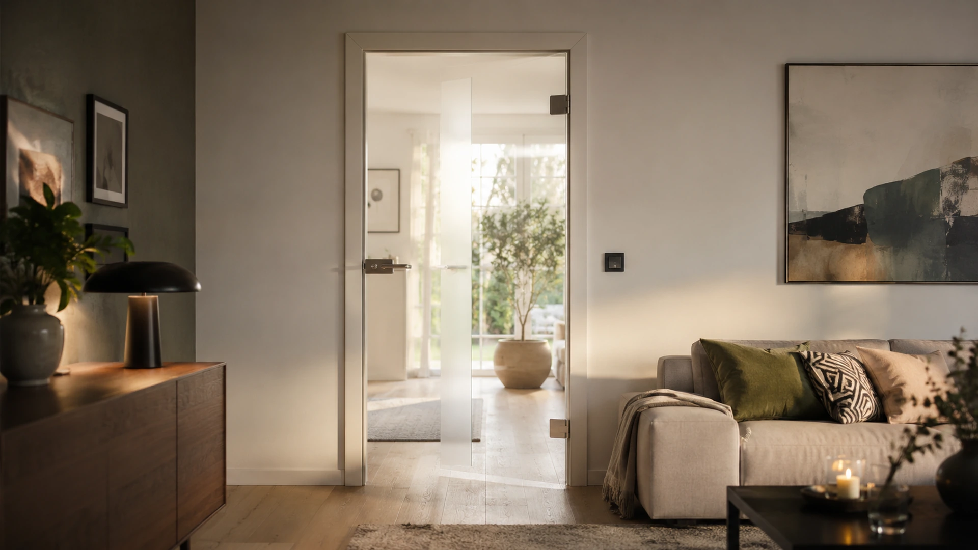 Glastür zwischen Wohnzimmer und Flur mit natürlichem Lichteinfall