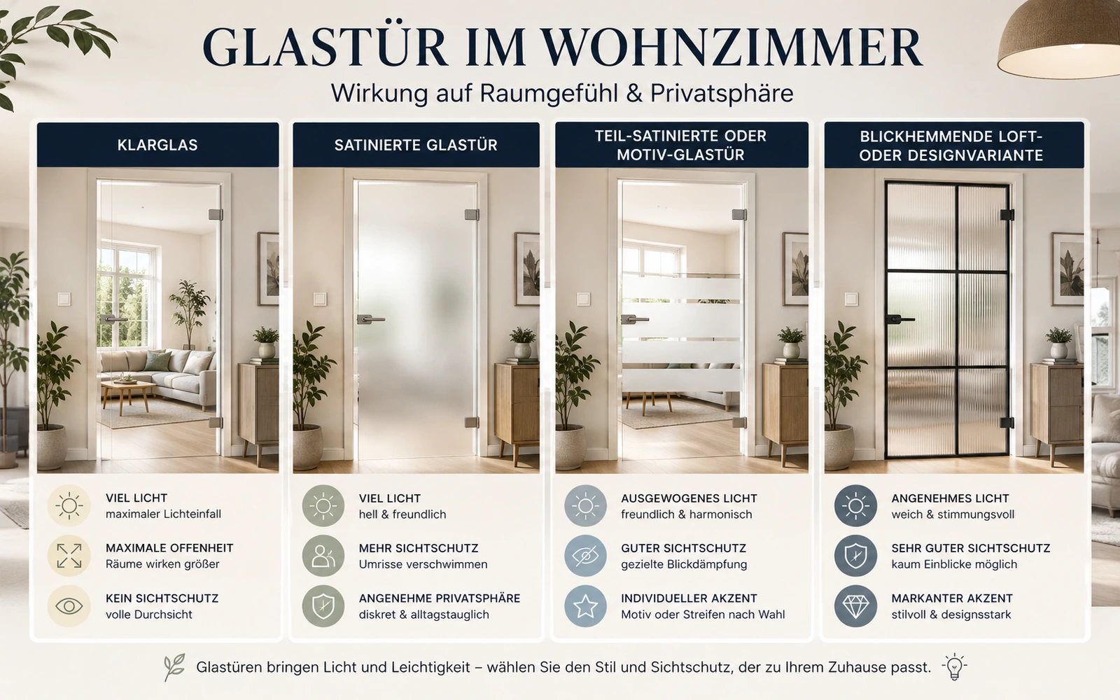 Vergleich von Lichtwirkung und Sichtschutz verschiedener Glastüren im Wohnzimmer