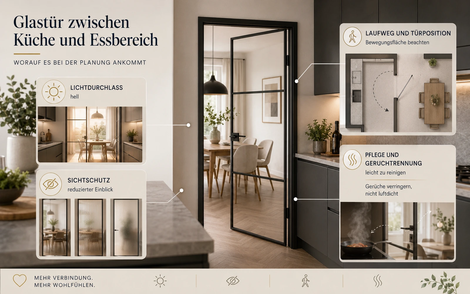 Darstellung von Licht, Sichtschutz, Laufweg und Pflege bei einer Glastür zwischen Küche und Essbereich
