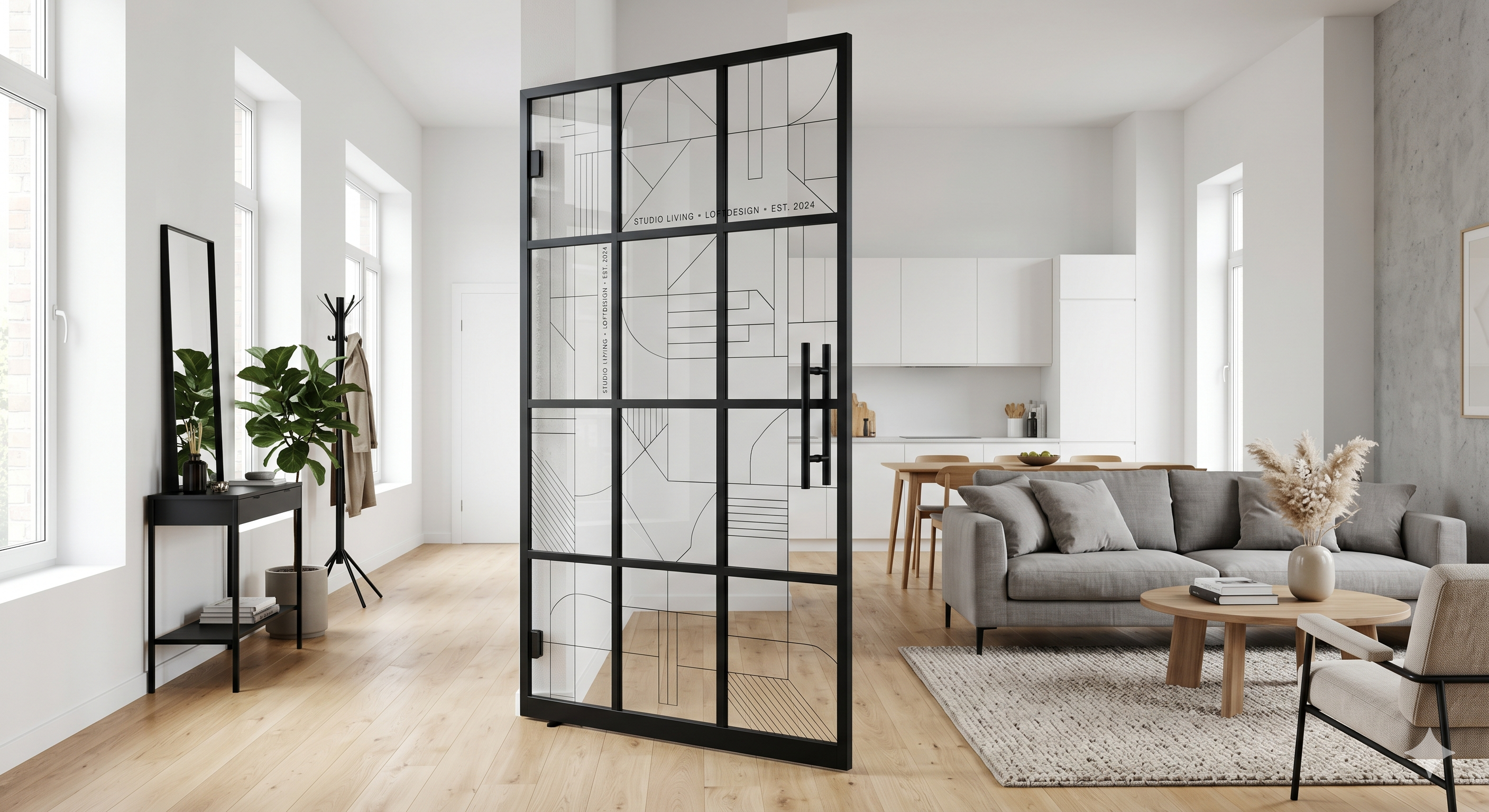 Schwarze Glastür im Loft-Design in einem hellen modernen Wohnraum