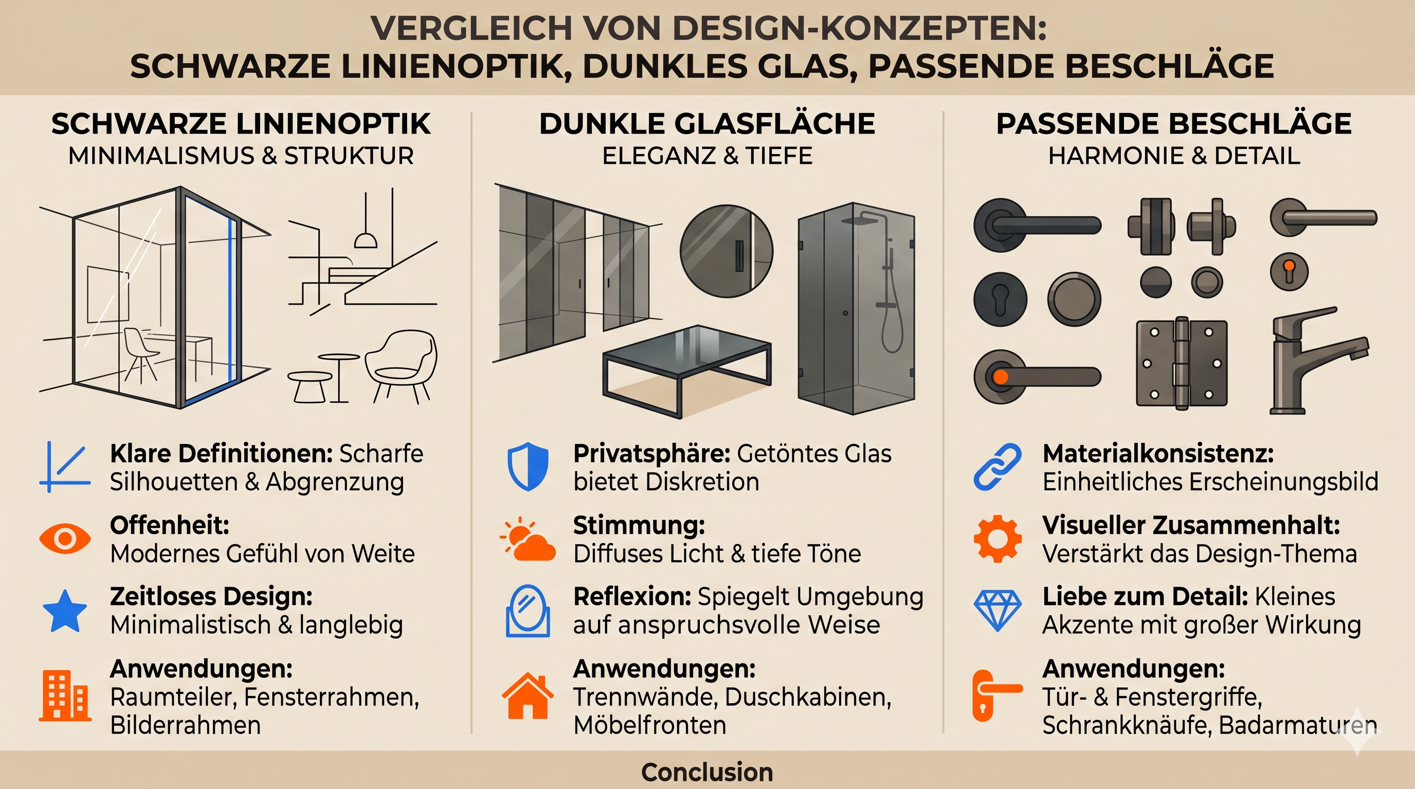 Vergleich von schwarzer Linienoptik, dunkler Glasfläche und passenden Beschlägen
