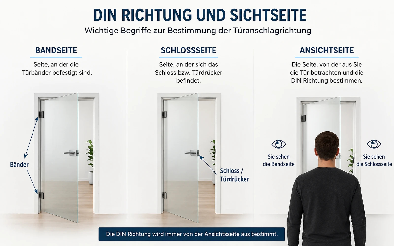 Darstellung von Bandseite, Schlossseite und Ansichtsseite einer Glastür