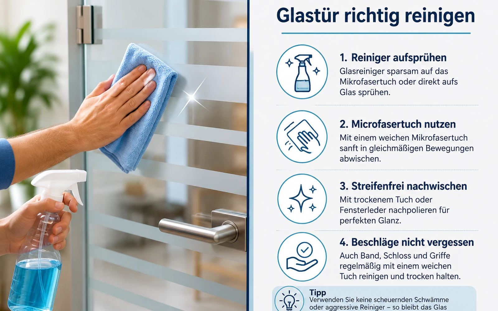 Pflegeablauf für Klarglas, satinierte Fläche und Glastürbeschläge