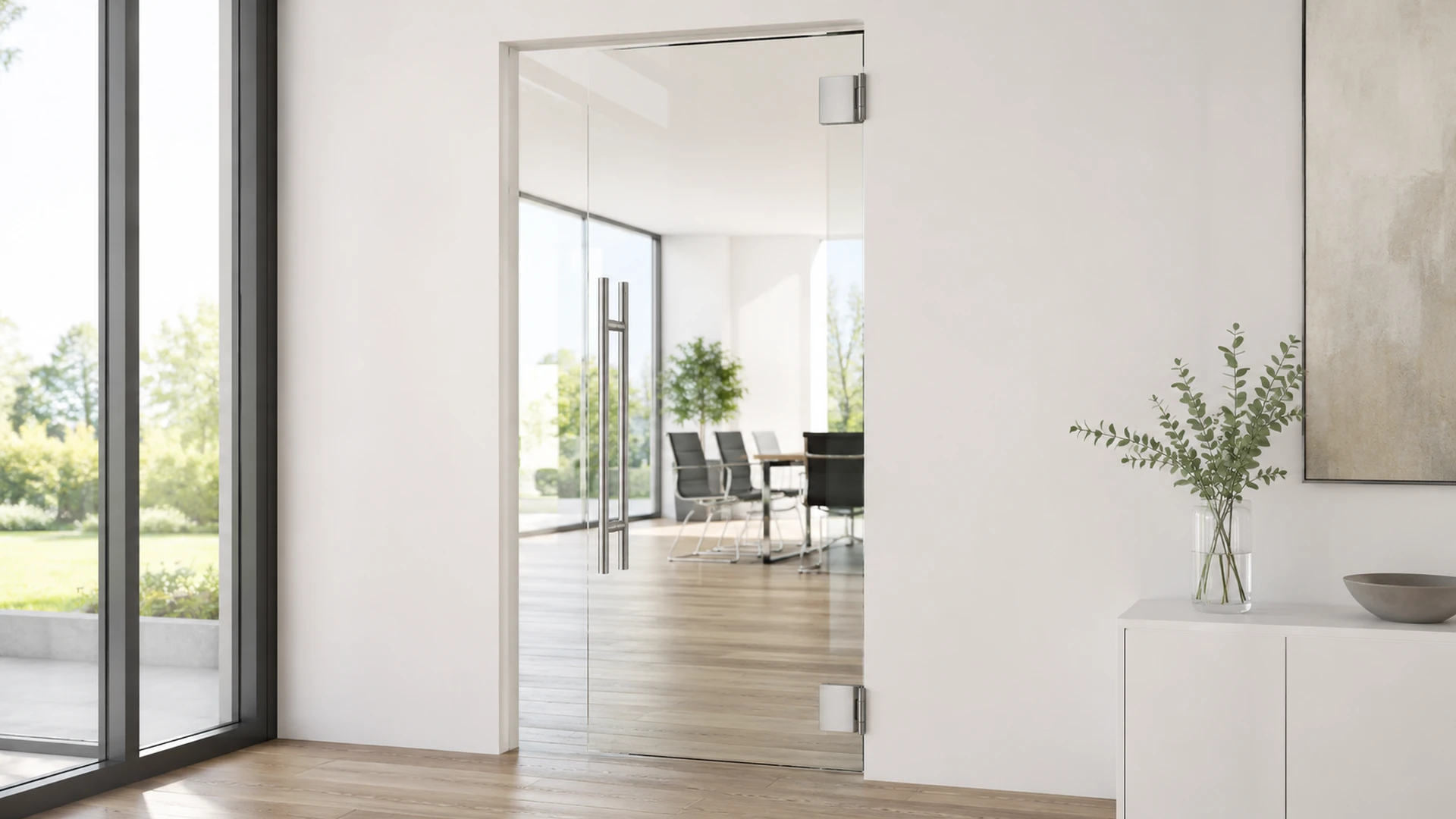 Ganzglas-Pendeltür mit Glas-Wand-Pendelbändern als Beispiel für die Preisplanung