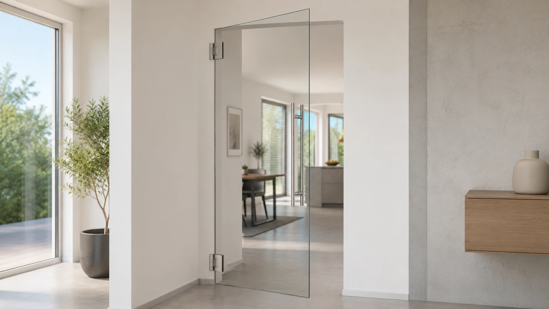 Glas-Pendeltür mit sichtbaren Pendelbändern bei der Funktionskontrolle