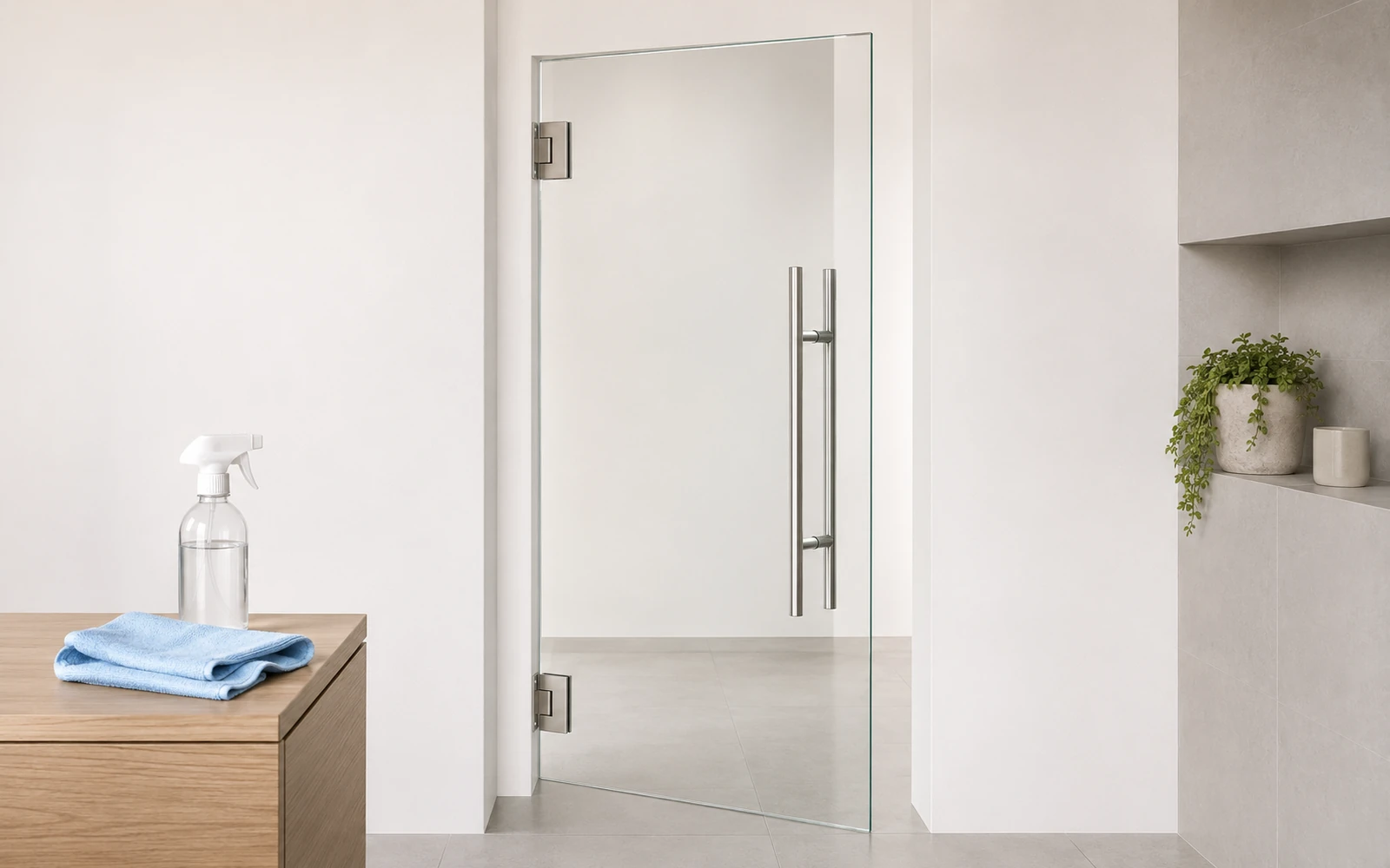 Reinigung von Glas, Griff und Pendelbändern einer Pendeltür