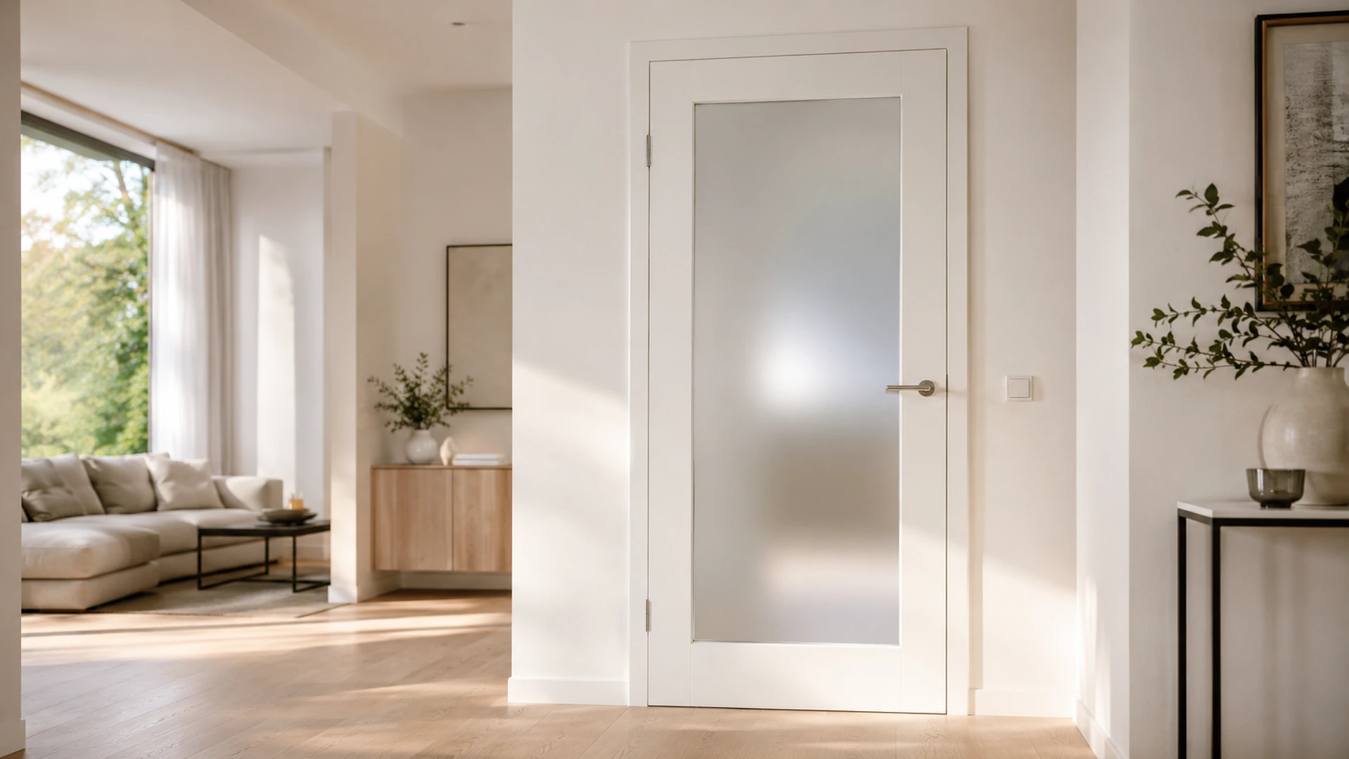 Satinierter Glaseinsatz in einer Innentür mit diffusem Lichteinfall und reduzierter Durchsicht