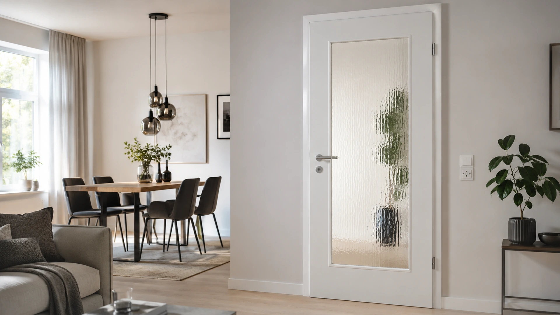 Ornamentglas in einer Zimmertür mit strukturierter Oberfläche und verzerrten Konturen