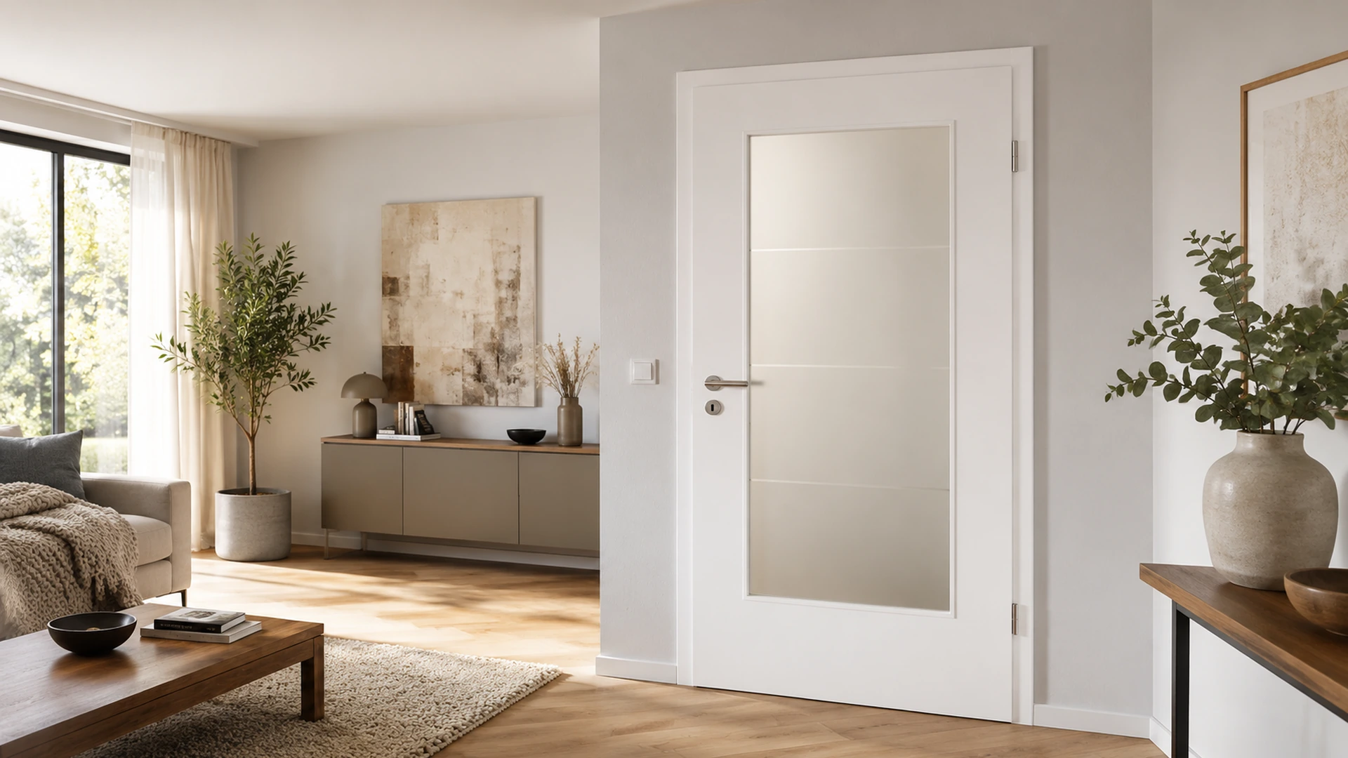 Weiße Zimmertür mit satiniertem Glaseinsatz in einem hellen Wohnraum