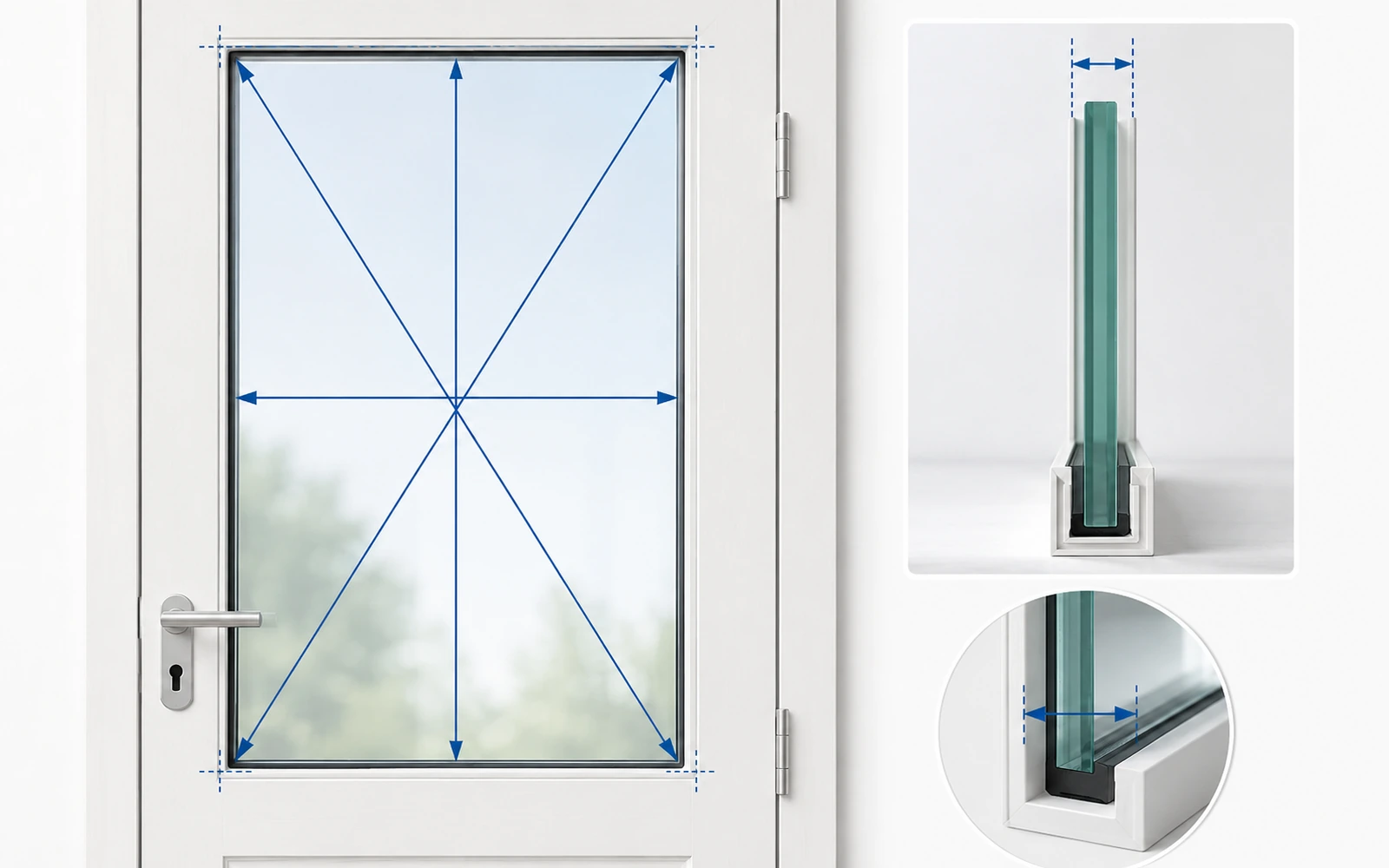 Messpunkte für Breite, Höhe, Diagonalen und Glasdicke einer Türglasscheibe