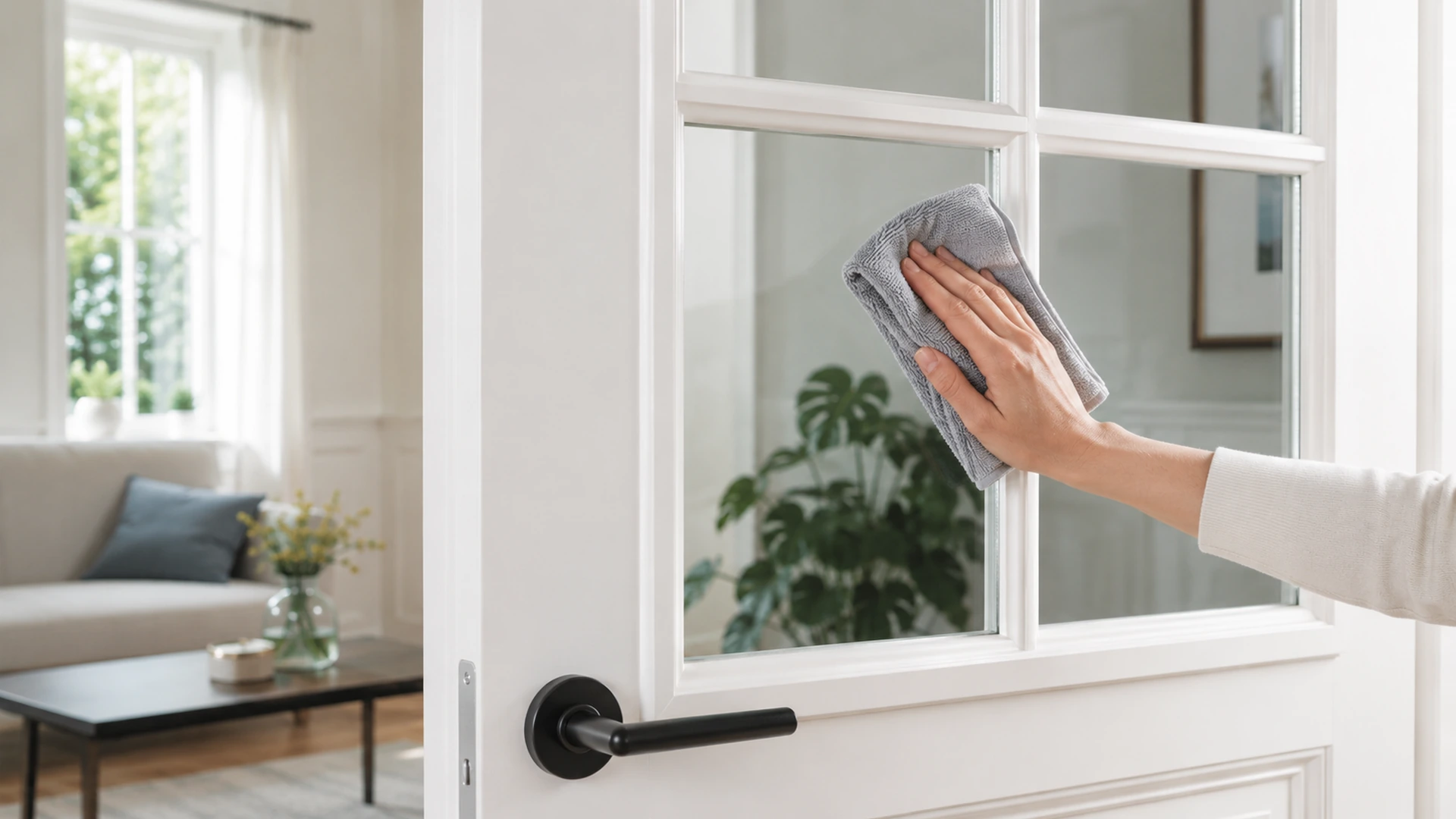 Reinigung eines Glaseinsatzes in einer Innentür mit weichem Tuch