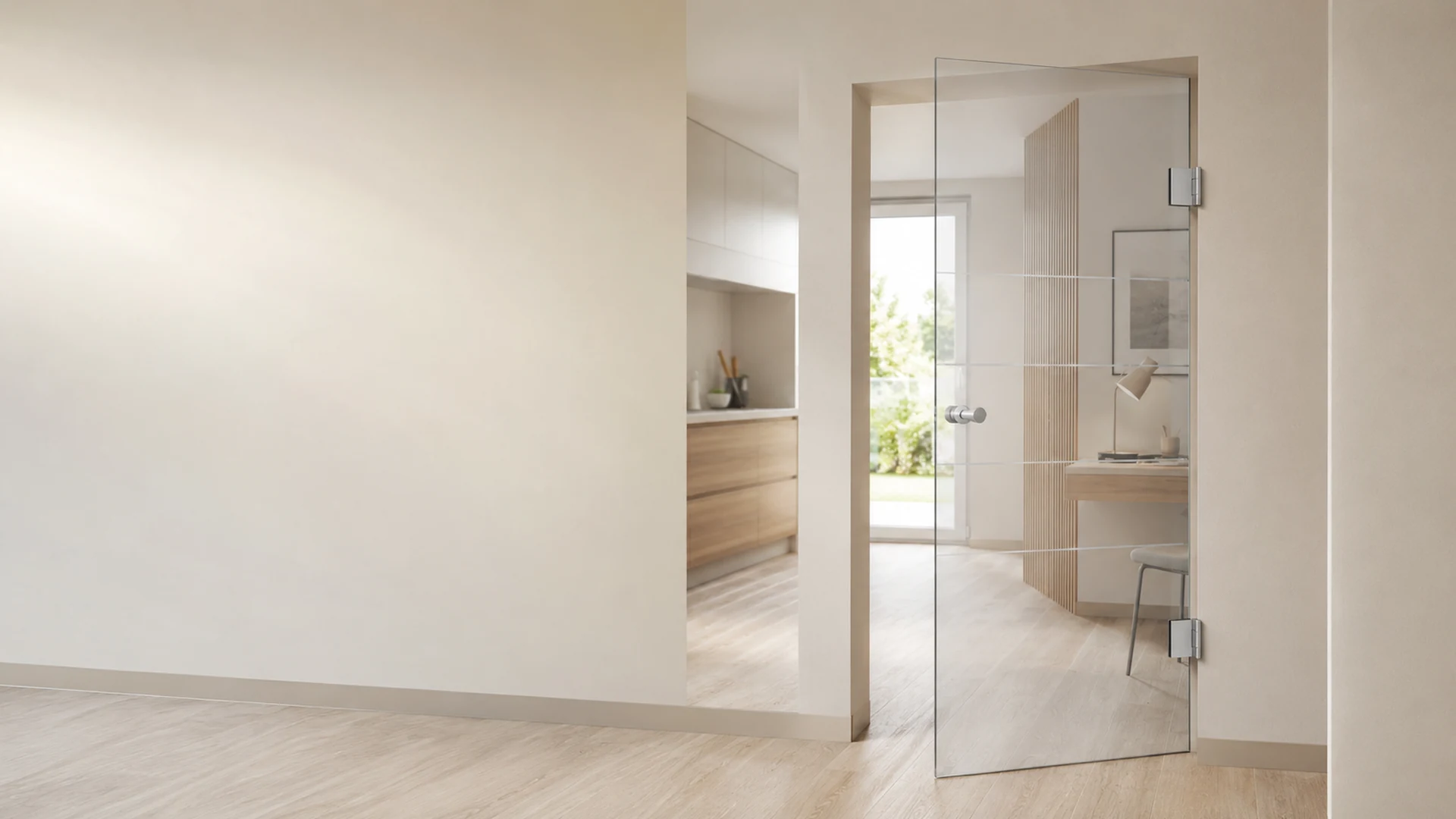 Leicht geöffnete Ganzglas-Pendeltür mit Glas-Wand-Pendelbändern in einem hellen Innenraum