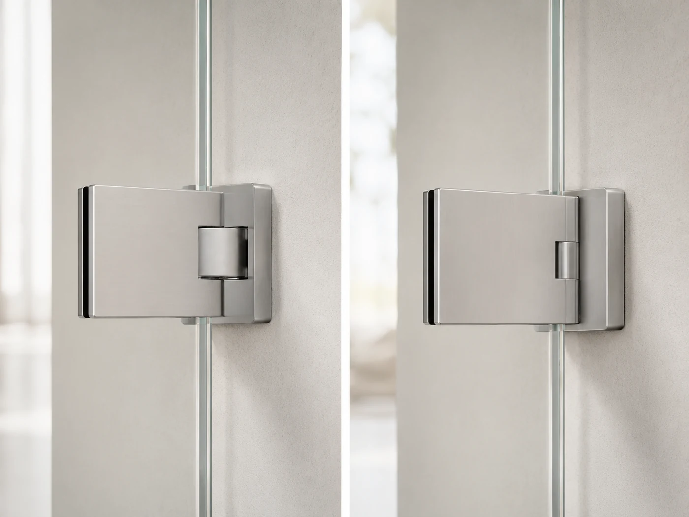 Standard- und Premium-Glas-Wand-Pendelband an einer Ganzglas-Pendeltür im Vergleich