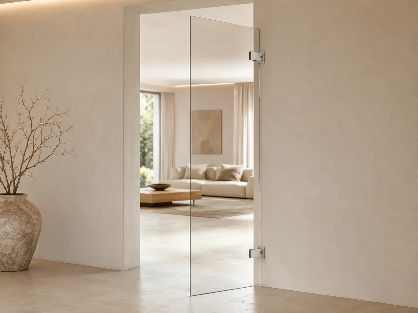 Zargenlos montierte Ganzglas-Pendeltür mit Glas-Wand-Pendelbändern an einer tragfähigen Wand
